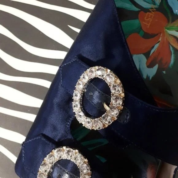 Nine West navy Satin slides with diamanté buckle, "I'll Wait" slide EUC - Picture 3 of 6